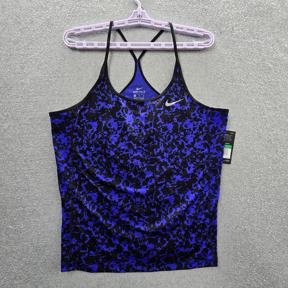 Nike Women Tank Top XL Blue Geometric Activewear Logo Dri-Fit Scoop Neck NWT